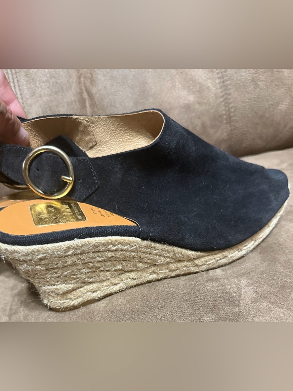 kanna Black Suede Espadrille Wedge Mule with Gold Buckle